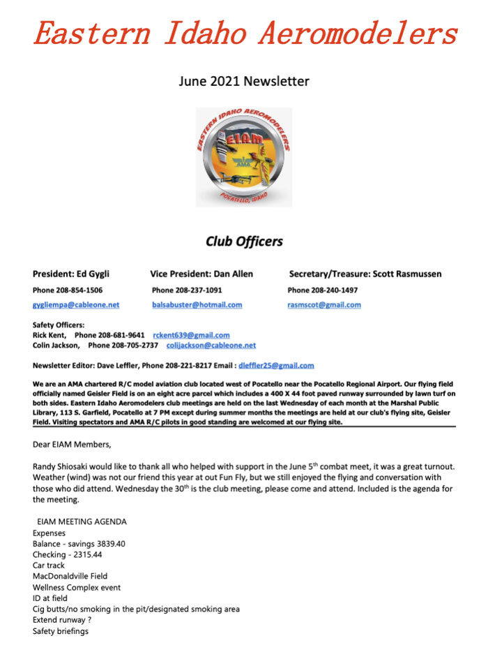 June 2021 Newsletter for Eastern Idaho Aeromodelers Club